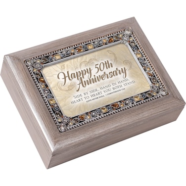 Cottage Garden Happy 50th Anniversary Brushed Pewter Jewelry Music Box Plays Amazing Grace