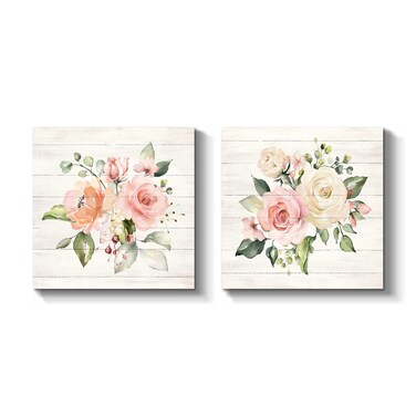Flowers Picture Wall Art Print: Floral Painting Blossom Artwork on Wrapped Canvas for Bedroom (12" x 12" x 2 PCS, Multiple Sizes/Material)