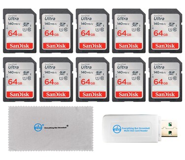 SanDisk 64GB 10 Pack Memory Card SD Ultra UHS-I Class 10 (SDSDUNB-064G-GN6IN) Bundle with (1) Everything But Stromboli SDXC &amp; MicroSD Card Reader &amp; (1) Everything But Stromboli Micro Fiber Cloth