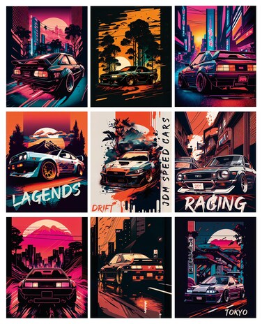 BAYKUL Japanese Car Wall Art Prints, Japan Sports Car Racing Art Posters (8"x10" Unframed), Street Car Canvas Art Painting for Living Room Boys Room Wall Decor, Set of 6