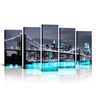 Kaloremore Black White and Blue Brooklyn Bridge Picture Canvas Prints New York City Night View Poster Gallery Wrapped Modern Artwork for Living Room Bedroom Office Decoration (L-60"xH-32")