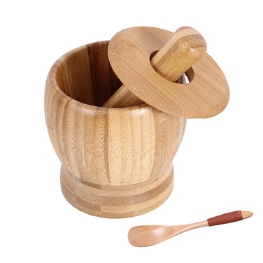 Mortar and Pestle Set, 100% Natura Bamboo Spice Grinder, Crush, Press, Mash Spices, Herbs, Garlic, Pepper, Guacamole, Nuts, Fruit, 4.6 inch Mortar and Pestle Set Bowl for Kitchen