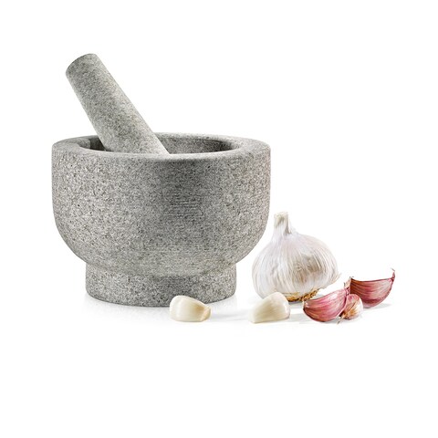 NutriChef 6&quot; Mortar and Pestle Set - Heavy Duty 100% Natural Unpolished Granite - Slip Resistant Molcajete Stone Bowl - Make Fresh Guacamole, Salsa, Crush Herbs &amp; Spices - 2 Cup Capacity, Gray