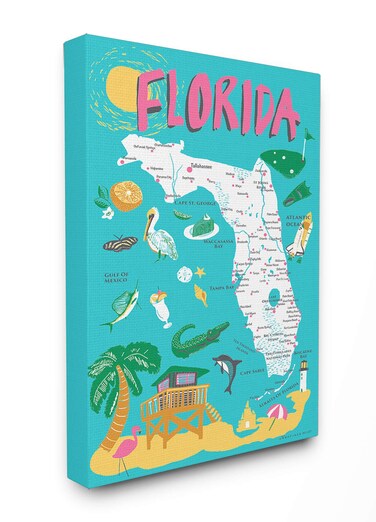 Stupell Industries Florida Teal Blue and Pink Illustrated Scenic Map Poster Stretched Canvas Wall Art, 16 x 1.5 x 20, Multi-Color