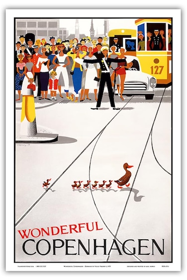 Wonderful Copenhagen - Copenhagen Denmark - Mother Duck and her Ducklings Crossing the Street - Vintage Travel Poster by Viggo Vagnby c.1959 - Master Art Print (Unframed) 12in x 18in