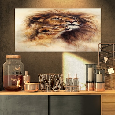 Designart Loving Lioness-Animal Canvas Artwork-32x16, 32x16, Brown