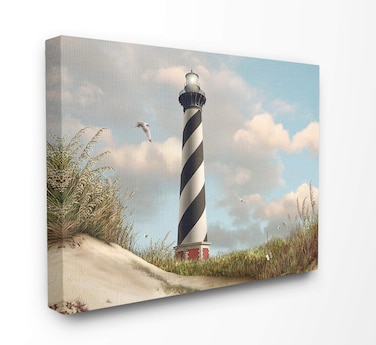 Stupell Industries Cape Hatteras Black and White Swirl Shore Side Lighthouse with Sand Dune Canvas Wall Art, 16 x 20, Multi-Color