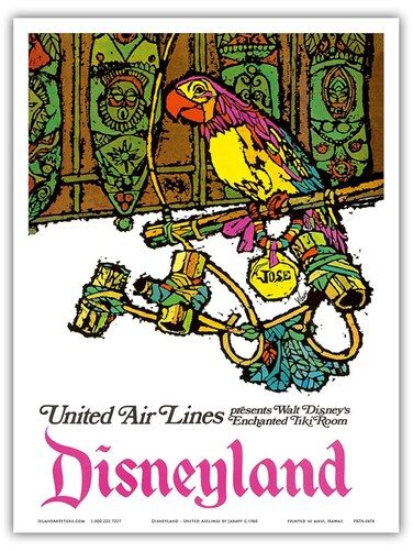 Disneyland - Enchanted Tiki Room - Jos&eacute; the Mexican Macaw - United Air Lines - Vintage Airline Travel Poster by James Jebavy c.1968 - Master Art Print (Unframed) 9in x 12in