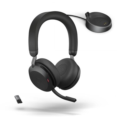 Jabra Evolve2 75 PC Wireless Headset with Charging Stand and 8-Mic Technology - Dual Foam Stereo Headphones with Advanced Active Noise Cancelling, USB-A Bluetooth Adapter and UC Compatibility - Black