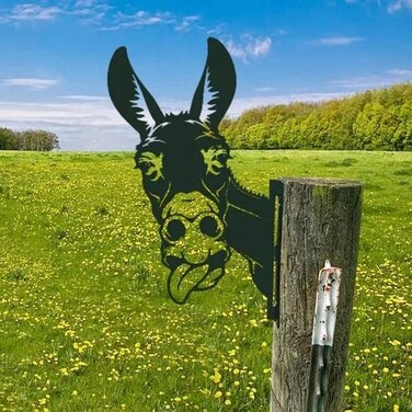 Outdoor Sculpture Funny Metal Art Donkey Silhouette,Donkey in Sunglasses,Donkey with Tongue Out,Donkey Laughing Out Loud,Garden Yard Decor Gifts Wooden Stake Fence Animal Statue (B)