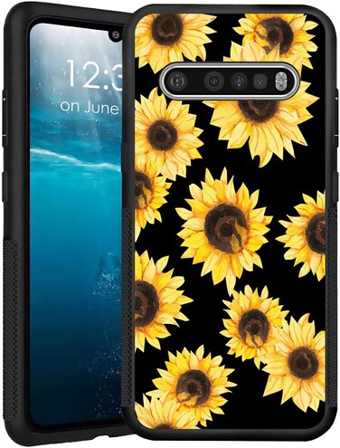 for LG V60 Case, for LG V60 Thinq Case Cute Yellow Sunflowers Black Customized Design Printed Hybrid Hard Shock Soft TPU Bumper Protective Phone Case for LG V60 Thinq 5g (2020 Release)