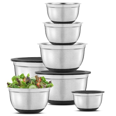 JoyJolt Stainless Steel Mixing Bowls with Airtight Lids, 7 Piece Nesting Bowls Set for Kitchen with Measurement Marks, Non-Slip Bottoms, Cooking, Baking, Prepping, Storage, 7/5/4/3/1.5/1/.75QT, Black