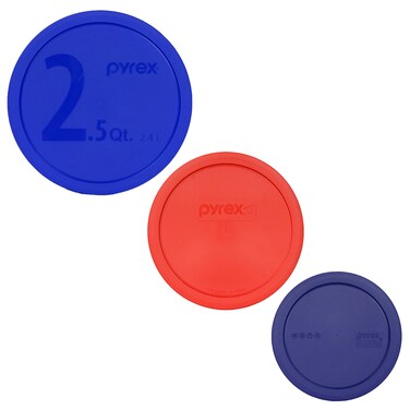 Pyrex (1) 325-PC Blue 2.5 Quart (1)323-PC Red 1.5 Quart (1) 322-PC Blue 1 Quart Mixing Bowl Lids - Original Genuine Pyrex - Made in the USA