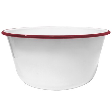 Large Mixing Bowl for Kitchen - Essential White Steel Dish with Red Trim for Salad, Batter, Cream - Chip-Resistant for Long-Lasting Durability