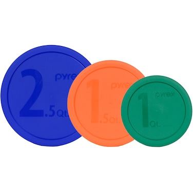 Pyrex 322-PC (1) Green 1qt &amp; 323-PC (1) Orange 1.5qt &amp; 325-PC (1) Blue 2.5qt Mixing Bowl Lids Made in the USA