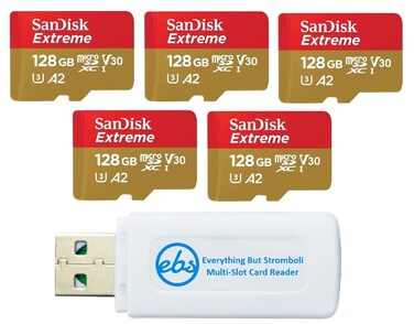 SanDisk 128GB Extreme MicroSD (5 Pack) Memory Card for DJI FPV Drone (SDSQXAA-128G-GN6MN) Class 10 4K V30 UHS-I U3 A2 SDXC Bundle with (1) Everything But Stromboli MicroSD and SD Card Reader