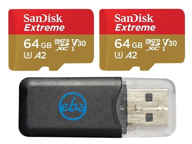 SanDisk Extreme 64GB MicroSDXC (x2) Memory Card Works with GoPro Action Camera Hero 12 Black (SDSQXAH-064G-GN6MN) U3 V30 A2 Bundle with (1) Everything But Stromboli MicroSD Card Reader