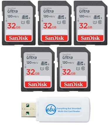 SanDisk 32 GB Class 10 SD HC Ultra Flash Memory Card - 5 Pack (SDSDUN4-032G-GN6IN) Bundle with Everything But Stromboli MicroSD &amp; SD Card Reader