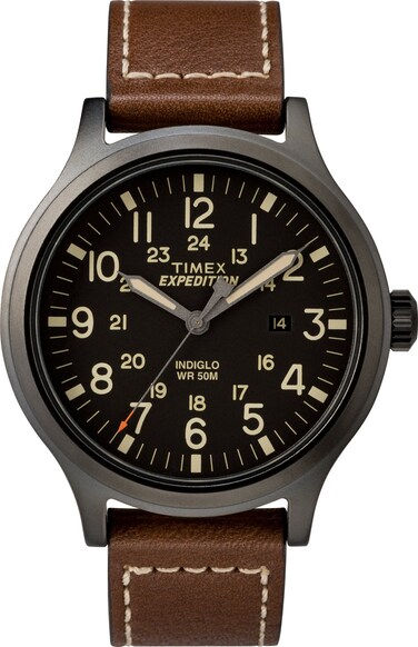 Timex Men's Expedition Scout 43mm Watch &ndash; Black Dial &amp; Case with Brown Leather Strap