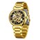 Carlien Skeleton Automatic Steampunk Watches Gold-Tone Luminous Hands Leather Strap Wrist-Watch (Gold Black)