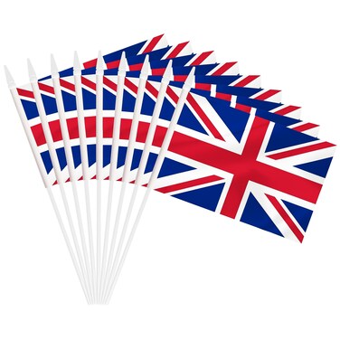 25 Pack UK Mini Flags, United Kingdom Small Miniature Hand Held Stick Flag With 12 Inch Solid White Pole, 5x8 Inch Flag, Outdoor Decoration, Supplies for Parades, Festival Events Celebration (UK)