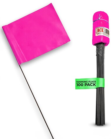 ACE Supply Fluorescent Pink Marking Flags, 100 Pack - 4x5-Inch Marker Flags - 15-Inch Wire - for Lawn, Irrigation, Dog Training, Landscape, Survey