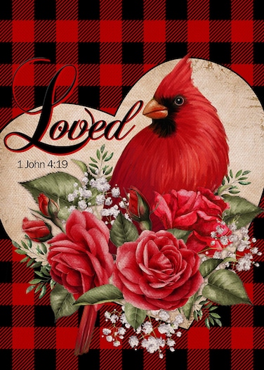 Covido Home Decorative Valentine's Day Loved Garden Flag, Cardinal Bird Yard Red Black Buffalo Plaid Check Rose Anniversary Outside Decoration Wedding Engagement Outdoor Small Decor Double Sided 12x18