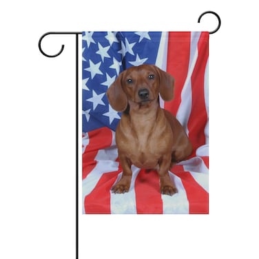 ALAZA Cute Dachshund with American Flag Polyester Garden Flag House Banner 12 x 18 inch, Two Sided Welcome Yard Decoration Flag for Wedding Party Home Decor