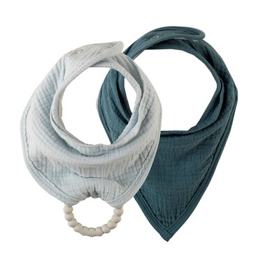 Dr. Brown's Muslin Bandana Bibs with Snap-On Removable Beaded Teether, Cotton Baby Bib for Teething &amp; Drooling, Light Blue/Teal, 3m+, 2 Pack