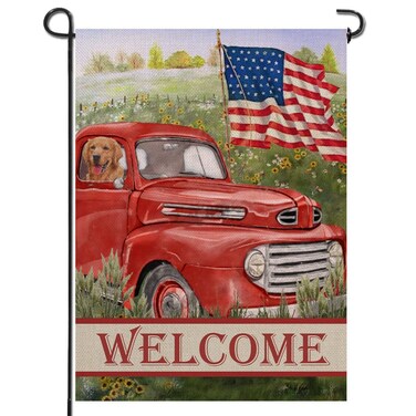 Artofy Welcome Summer American Red Truck 4th of July Decorative Garden Flag, House Yard Lawn Patriotic America Dog Outside Decor, USA Spring Home Outdoor Small Burlap Decoration 12x18