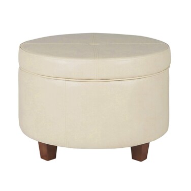 HomePop Large Leatherette Round Storage Ottoman with Removeable Lid, Cream
