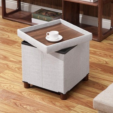 15 Inches Storage Ottoman with Wooden Legs Cube Foot Rest Stool, Square Footstool Storage, Ottoman with Storage for Living Room, Foldable Fabric Ottoman, Comfortable Seat with Lid, Space-Saving White