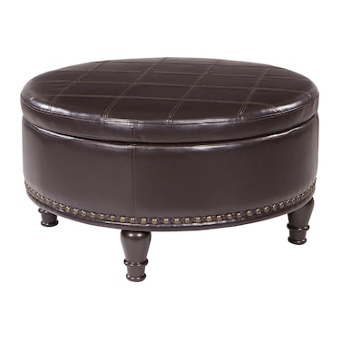 INSPIRED by Bassett OSP Home Furnishings Augusta Round Storage Ottoman with Decorative Nailheads and Flip Over Lid with Serving Tray Surface, Espresso Faux Leather