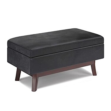 SIMPLIHOME Owen 36 inch Wide Mid Century Modern Rectangle Small Rectangular Storage Ottoman in Distressed Black Vegan Faux Leather, Assembled, for the Living Room, Entryway and Family Room