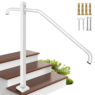 Zwinz Stair Railing for Outdoor Steps,31.5"-9.5" L X 35.5" H Single Post Handrail,Wrought Iron Handrails for Outdoor 1-3 Steps,Metal Porch Railing for Concrete Steps or Wooden Stairs,White