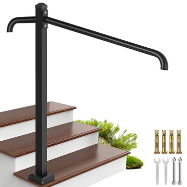 Zwinz Single Post Handrail, 28" - 8.5" L x 35.5" H Wrought Iron Handrails for Outdoor 1-3 Steps, Metal Porch Railing for Concrete Steps or Wooden Stairs, 3 Step Stair Handrail Black