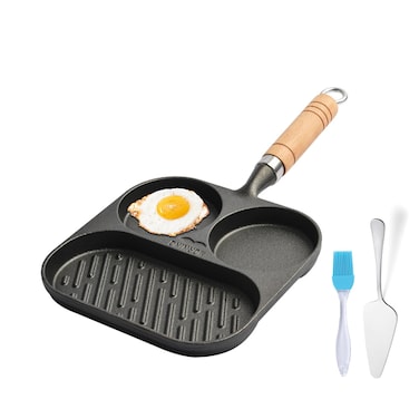JUSTUP Nonstick Frying Pan,3-Section Cast Iron Egg Pan Divided Pan with Wooden Handle,3-in-1 Versatile Breakfast Pan,Mini Skillet Pan for Egg,Steak and Burgers (Black)