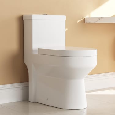 DeerValley Compact One Piece Toilet For Small Bathroom with Powerful &amp; Quiet Dual Flush &amp; Soft Closing Seat, 0.8/1.28 GPF High-Efficiency, 12" Rough-In, White