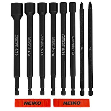 NEIKO 10067A Magnetic Impact Nut Driver and Power Bit Tool Set   8 Pieces, SAE   6 Inches   Shank Nut Driver Bits Setters   Magnetic Tip Sockets   1/4 Inch Hex Shank