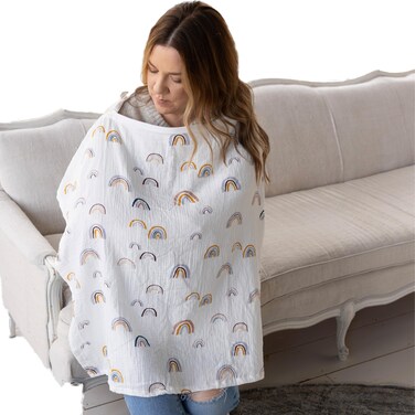 ACTIVE BABY Muslin Nursing cover for breastfeeding mom with Adjustable hoop for hand free   breathable nursing cover up   100% muslin cotton light weight breastfeeding cover wrap shawl scarf (rainbow)