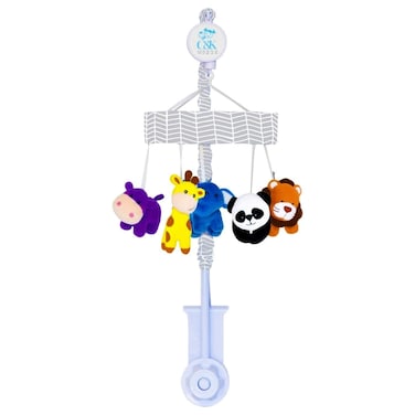 C&amp;K WORKS Baby Crib Mobile Bright and Colorful Animal Friends Giraffe, Lion, Hippo, Elephant, Panda Characters. All in one Crib Mobile Holder with Wound Up Music Player.