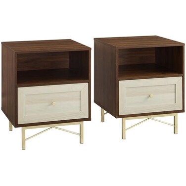 Walker Edison Morgan 2-Piece Contemporary Wood and Metal 1 Drawer Nightstand with Gold Accents, Set of 2, Dark Walnut/White Poplar