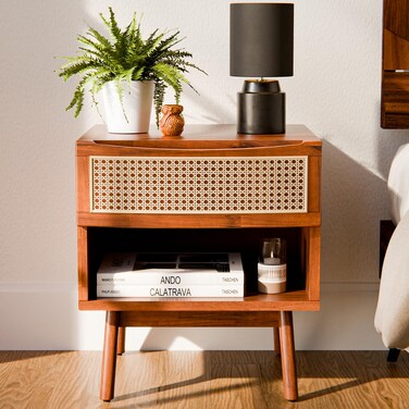 Bme Nancy Side Tables Bedroom, US Patent Pending Design, Acacia Wood Nightstand with Curved Shape and Inlaid Rattan, Nightstand with Drawers, Quick Leg Assembly, Dark Chocolate