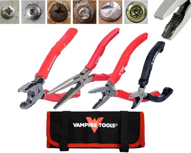 VAMPLIERS 4-Piece Stripped Screw Extractor Pliers Set. Made in Japan. 8" Linesman, 7.5" Long Nose, 6.25" Multi-Purpose &amp; 5" ESD Safe Pliers + Tool Pouch. Remove any Stripped/Damaged/Rusted Screws.