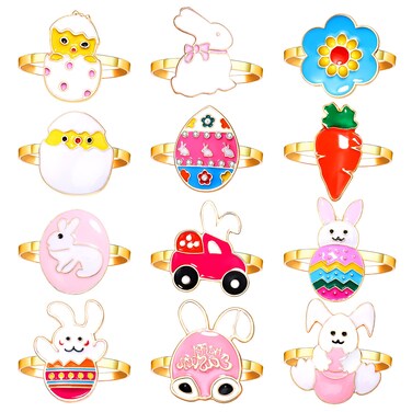 Easter Napkin Rings Set of 12, Enamel Easter Egg Bunny Carrot Napkin Holder Ring for Table Setting, Holiday Birthday Party Serviette Buckles Dinner Table Decoration (12PCS Easter Napkin Rings)