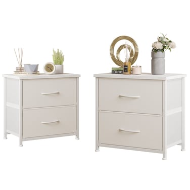 LUMTOK White Nightstand with Drawer, 2 Drawers Dresser for Bedroom, Small Night Stand and Dressers Sets Fabric Drawers, End Table Drawer Living Room (2PCS)
