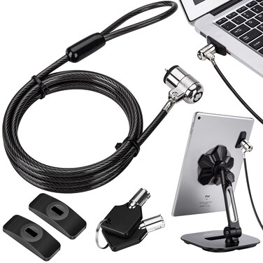 AboveTEK Laptop Lock, Tablet Lock Security Cable, 2 Keys Sturdy Steel iPad Locking Kit w/Adhesive Anchors, Anti Theft Hardware Protection for iPhone Mobile Notebook Computer Monitor Mac Book Laptop