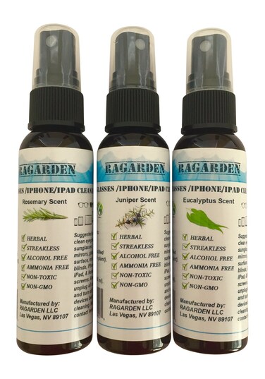 RAGARDEN Eyeglasses/iPhone/iPad Cleaner. Combo: Pack of three of 2 oz bottles with Rosemary/Eucalyptus/Juniper Floral waters.