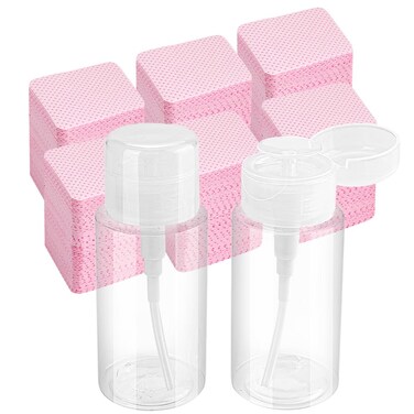 Pack of 2 Nail Polish Remover Pump Empty Dispenser Bottle with 540PCS Lint Free Nail Wipes for Alcohol, Acetone, Nail Polish and Makeup Remover Bullet point 150 ml (2 plastic bottle and wipe)