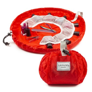 Lay-n-Go NailSpa Drawstring Cosmetic Bag - Portable Nail Supplies Organizer Bag w/ 8 Elastic Mesh Pockets &amp; Circular Center - Durable, Machine Washable Nail Kit Organizer (18&rdquo;, Red)